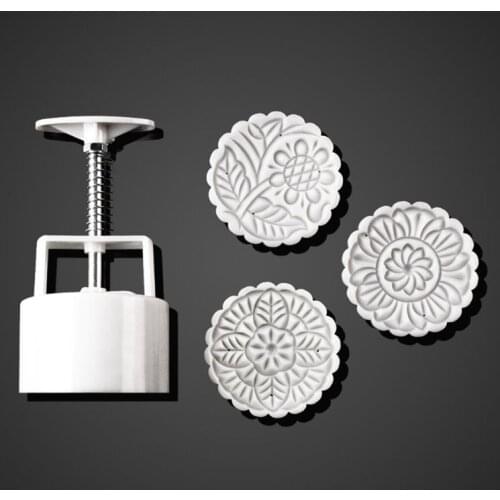 150g Mooncake Barrel Mold with 3pcs Flower Stamps Hand Press Moon Cake Pastry 85DA