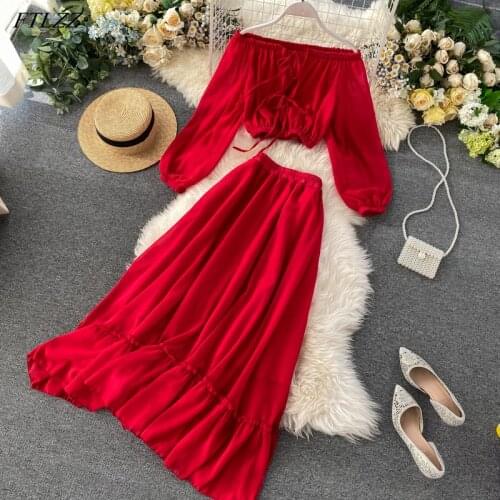 FTLZZ 2021 Summer Women Red Two Piece Set Long Sleeve Tunic Waist Crop Chiffon Tops+High Waist Lotus Leaf Edge Long Skirt Suits