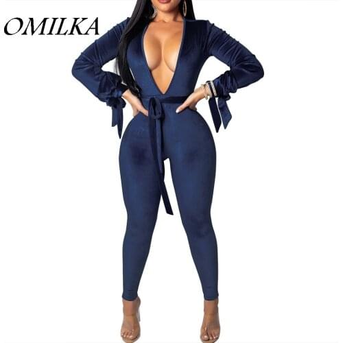 OMILKA Velvet Bandage Rompers and Jumpsuits 2018 Autumn Winter Women Long Sleeve V Neck Backless Bodycon Club Party Overalls