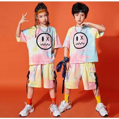 Summer Hip-Hop Street Dance Clothing Short Sleeves Loose Tops Shorts Boys Casual Sport Wear Girls Jazz Performance Outfit BL6575