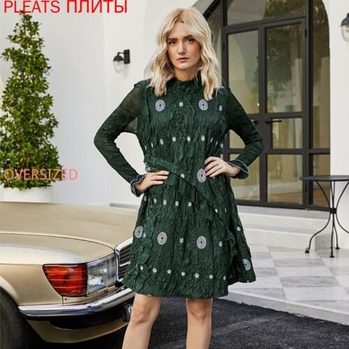 New Autumn Womens Slim Embroidered Solid Color Mid Dress Korean Long Sleeve Dresses MIYAKE Pleats Vestido De Mujer Robes Robe