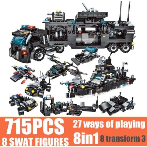 New 715PCS Military Toys City SWAT Toys Team Police Station Car Policemen Building Blocks Brick Truck Boy Children Kid Gift