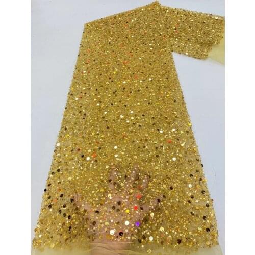 New Gold Color High Quality French 3D Tulle Beaded African Lace Fabric Sequins Embroidered Nigerian Lace Fabrics For Wowen Dress