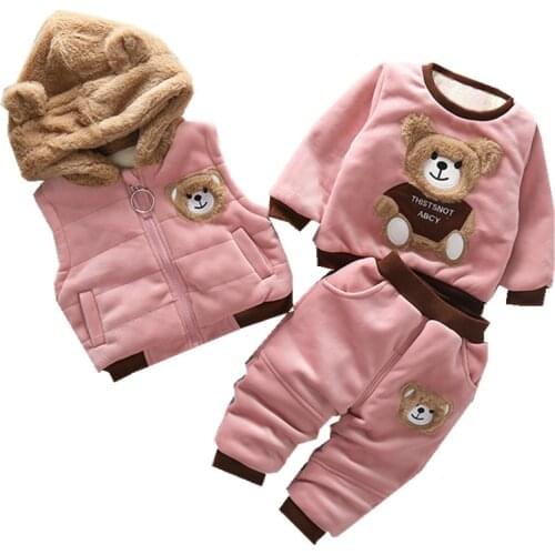 Autumn Winter baby girls boys suits Newborn clothing set Plus thick velvet warm kids vest + shirt + pants 3 pcs children clothes