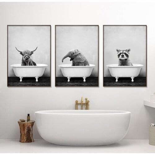 Black and White African Animal Elephant Bathing Posters Canvas Painting Wall Art Print Picture for Bathroom Interior Home Decor