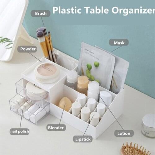 Plastic Makeup Storage Box with 2 Drawers Table Cosmetics Organizer for Makeup Brush/Lisptick/Facial Mask Office Supplies Case