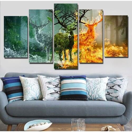 Five Plates Abstract Animal Green Red Deer Posters Wall Art Canvas Painting Modular Picture Home Decoration Living Room No Frame