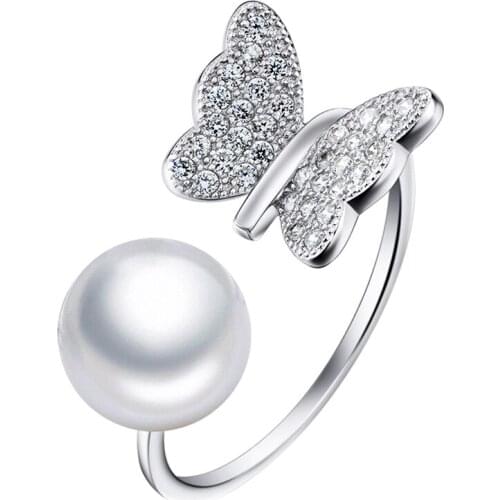 Adjustable Sterling silver Ring via 8mm pearl Butterfly design fahsion jewelry Valentines Day birthday christmas gift for women