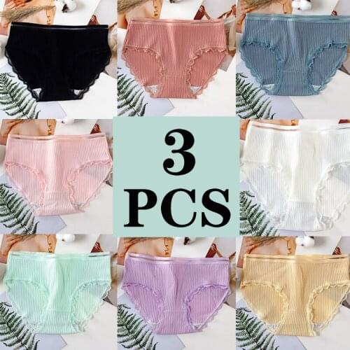3PCS 100% Cotton Panties Women Comfortable Underwears Sexy Middle-Waisted Lace Underpants Female Lingerie Big Size Ladies Briefs