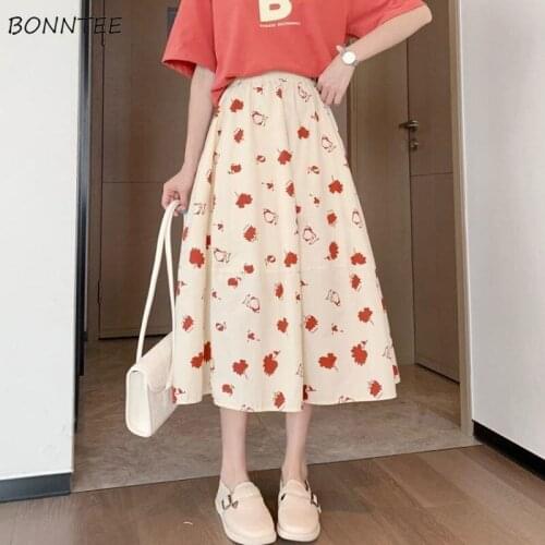 Skirts Women Print Sweet Summer High Waist Fashion Mid-calf Japanese Style Students Baggy Comfort Casual Draped Girls New Female
