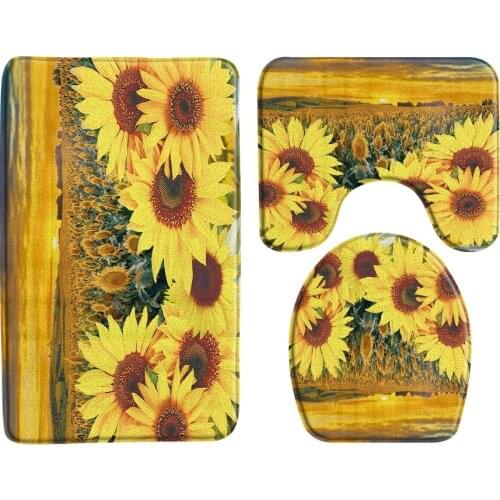Yellow Sunflower Flower Idyllic Landscape Bath Mats 3-Piece Set Scenery Door Mat Floor Mat Bathroom Rug Carpet Bathroom Products