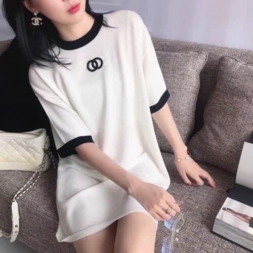 2021 Womens New Knitted Thin Loose Short Sleeve T-shirt White Trendy Fashion Straight Knit