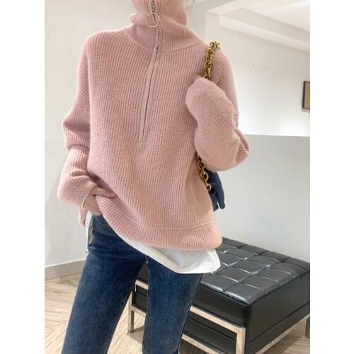 LMQ NEW 2020 Women Chic Zip Turtleneck Loose Warm Sweaters Fall Winter Fashion All-Match Solid Color Simple Knitted Pullovers