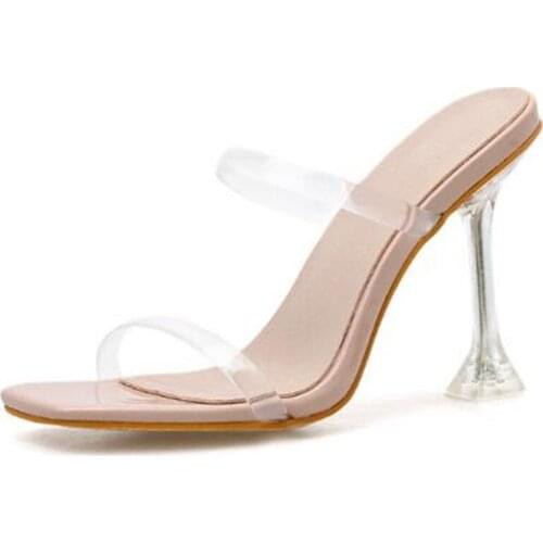 Women sandals PVC Slip On 11cm Thin Heels High heels Square Toe Shallow women shoes sandalias mujer 2020 size 35-42 Pink