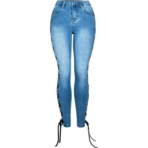 Women Fashion Jeans Slim Bodycon Sexy Lace Up Stretch Pencil Pants Washed Blue Denim Elastic Female Trousers C3083