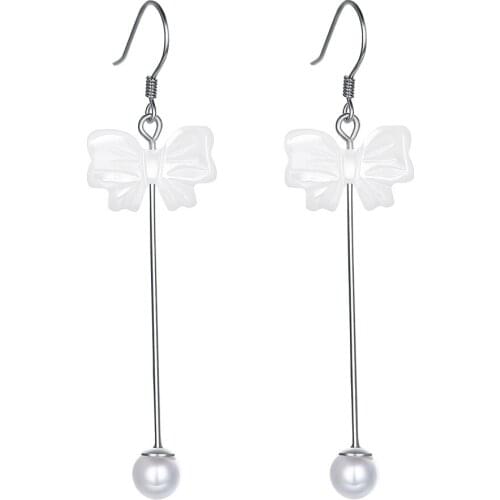 SILVERHOO 925 Sterling Silver Long Tassel Shell Pearl Earrings For Women White Bowknot Drop Earring Elegant Party Prom Jewelry