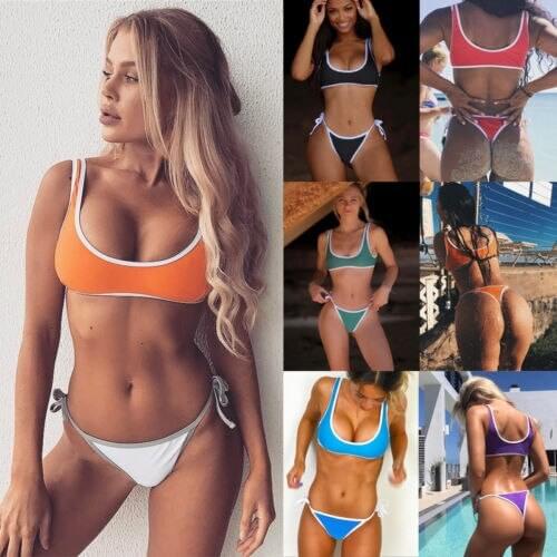 Ladies Solid Color Matching Split Bikini Buttonless Swimsuit Sexy Push-Up Swimsuit Low-Rise Thong U-Neck Summer Swimsuit