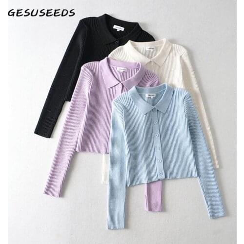 2020 Autumn sweater women vintage cropped cardigan long sleeve button up sweater purple white cardigan turn down collar lady