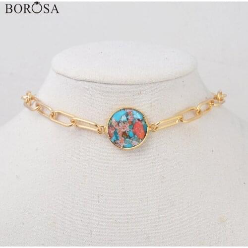 14inch Natural Gems Stone Choker Necklaces for Women Gold Plating Link Chain Turquoises Solar Quartz Crystal Necklace HD0353