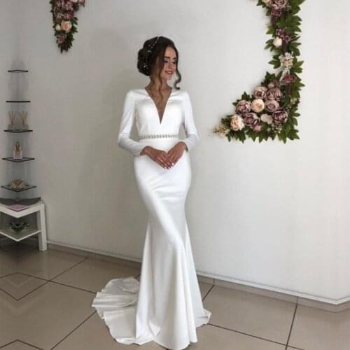 Long Sleeves Mermaid Wedding Dresses 2021 O Neck Backless Wedding Gowns Satin Bridal Dress vestido de noiva with Sashes