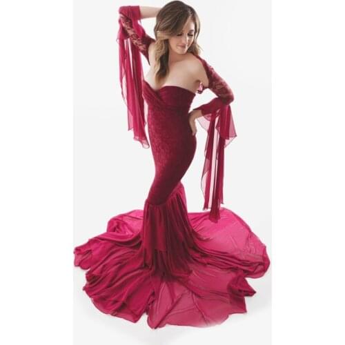 Lace stitching snow long sleeve coat with strapless trailing a pregnant woman pregnant women take pictures with the dress