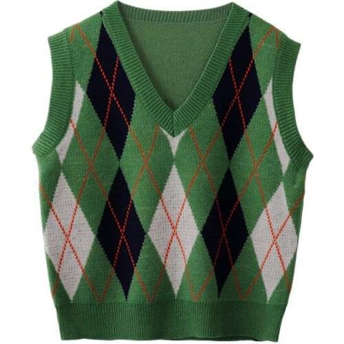 2021 New Autumn Korean Fashion V-Neck Womens Argyle Sweater Vest Sleeveless Knitted Pullovers Female Casual Pull Knitwear Tops