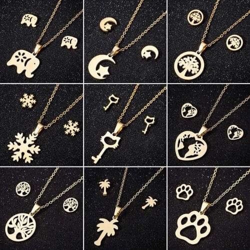 Bohemia Stainless Steel Necklaces for Women Fashion Cat Paw Earrings Tree Snowflake Elephant Necklace Choker Jewelry Girls Gifts