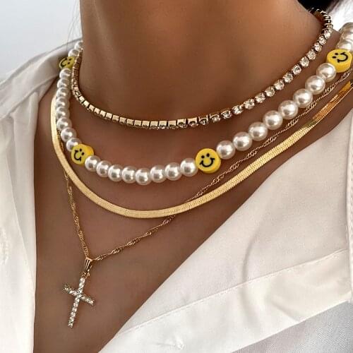 Fashion Crystal Cross Metal Snake Chain Necklaces For Women Multilayer Smiley Pearl Crystal Tennis Chain Choker Necklace Jewelry