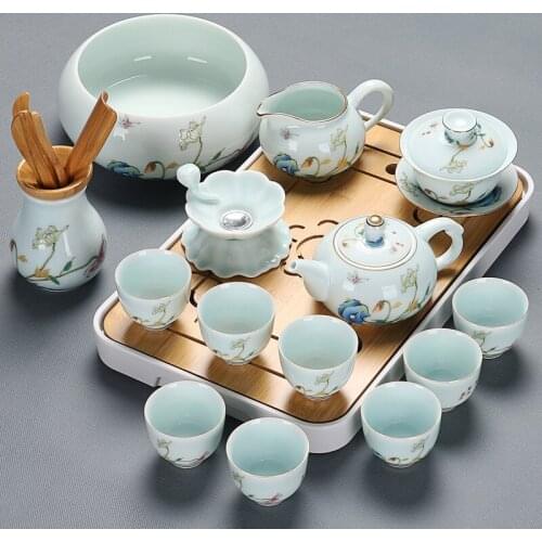 Kungfu Tea Sets Art Cover Bowl Tea Ceremony Modern Tablewares Full Golden Painted Ceramic Sets Bardak Seti Tea Service EI80TS