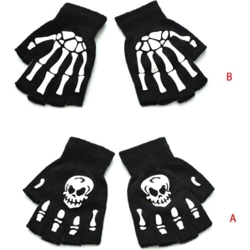 Kids Halloween Cosplay Skeleton Half Finger Gloves Luminous Fingerless Mittens