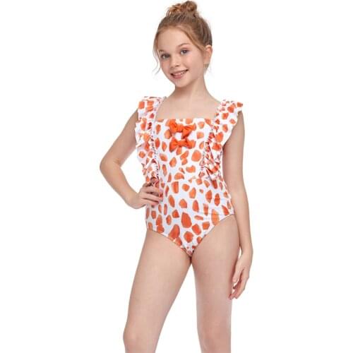 Bow-knot Children Girl One Piece Swimsuit Ruffle Sleeve Swimwear Summer Swimming Suits Beach Kids Bikini Fused Bathing Suit 2021