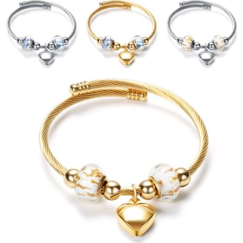 Two Colors Stainless Steel Heart Charm Pattern European Murano Glass Glass Cross Twisted Cable Wire Bracelets bangles For Women