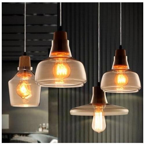 Edison Loft Decor Modern LED Pendant Light Fixtures Dining Room Hanging Lamp Home Lighting Indoor Wood Glass Droplight