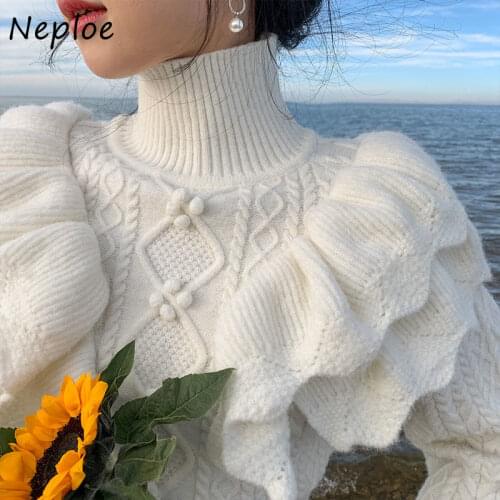 Neploe French Gentle Turtle Collar Womens Sweaters Grace Ruffles Twist Female Autumn Sweater Office Lady Solid Knitted Pullover