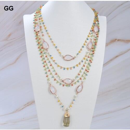 GG Jewelry 19'' 5 Strands Natural White Pearl Multi Color Crystal Chain Necklace Yellow Lemon Quartzs Pendant