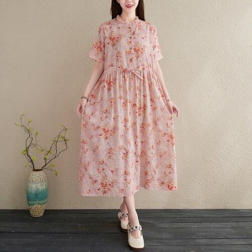 Cotton 2021 Fashion Short Sleeve Print Floral Vintage Prairie Beach Outerwear Stand-Collar Dress Travel Casual Long Dress