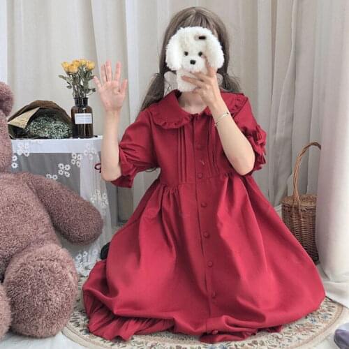 Japanese Style Sweet Bow Lace Doll Collar Ruffles Short Sleeve Cotton Kawaii Lolita Dress Mori Girl Dress Cute Women Clothes