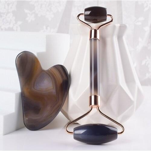 Massage Beauty Set Natural Agate Roller Face Gua Sha Tool Acupuncture SPA Neck Skin Detox Lift Firming Crystal Stone Massager