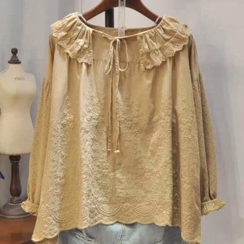 Sweet Mori Girl Lace-collar Embroidered Shirt Women Loose Wide Long Sleeve Cotton T-shirt Lovelty Pullover T-Shirt Vintage Tops