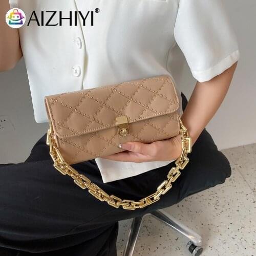 Fashion Women Lattice Pattern PU Leather Solid Color Shoulder Underarm Bag Casual Ladies Thick Chain Small Flap Purse Handbags
