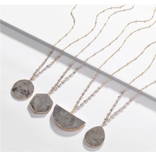 Fashion Jewelry Natural Labradorite Stone Pendant Necklace 80CM Long Chain Necklace for Women