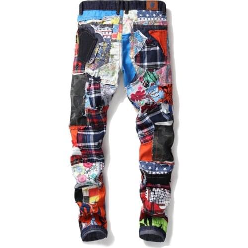 2021 AUTUMN Winter Mens Patchwork Ripped Embroidered Stretch Jeans Trendy Holes Straight Denim Trouers