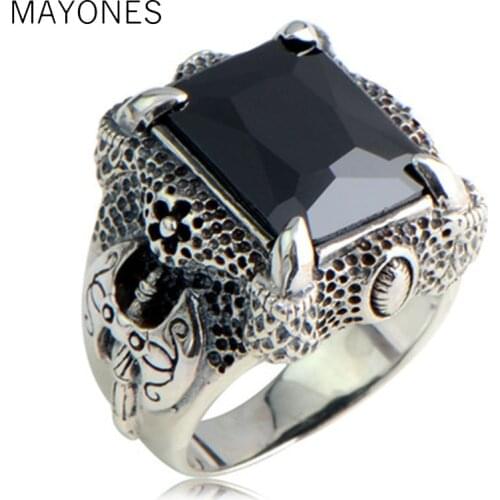 Vintage Black 925 Sterling Silver Dragon Claw Ring Inlaid Rectangle Black Red Stones for Men Boys US Size 8 -12 Free Shipping