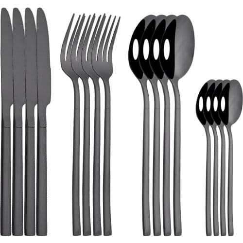 16Pcs Dinnerware Set Stainless Steel Mirror Western Gold Silver Black Spoon Fork Knife Cutlery Set Tableware Flatware Dishwasher