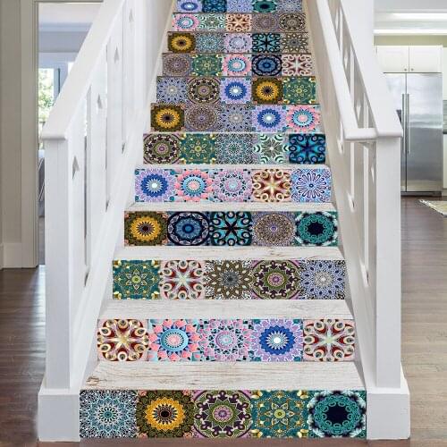 Colorful Mandala Pattern Strip Tile Sticker Waistline Kitchen Stairs Decor Surface Gloss Film Wallpaper Peel & Stick Wall Decals