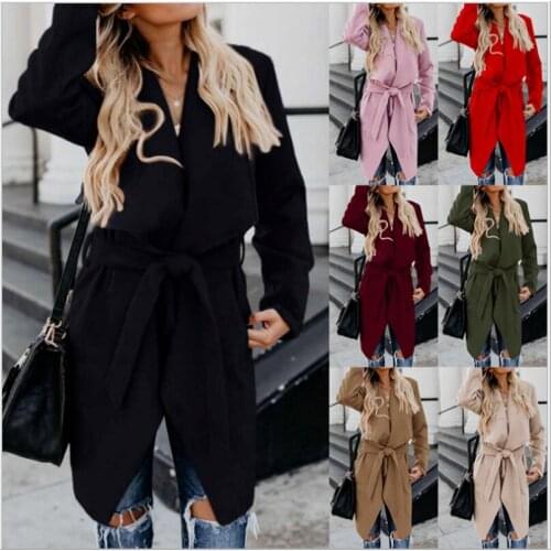 Autumn and Winter New Ladies Cow Jacket Lapel Solid Color Long Windbreaker Waist Casual All-match Coat Woman Clothing WP13