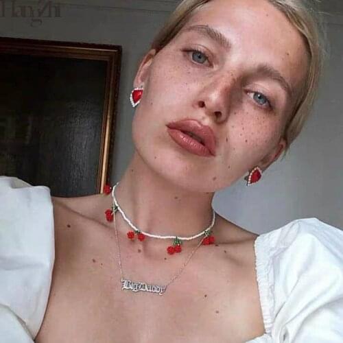 HangZhi 2020 New Korean Summer Sweet Red Cherry Pineapple Fruits Colorful Beaded Choker Necklace for Women Holiday Jewelry