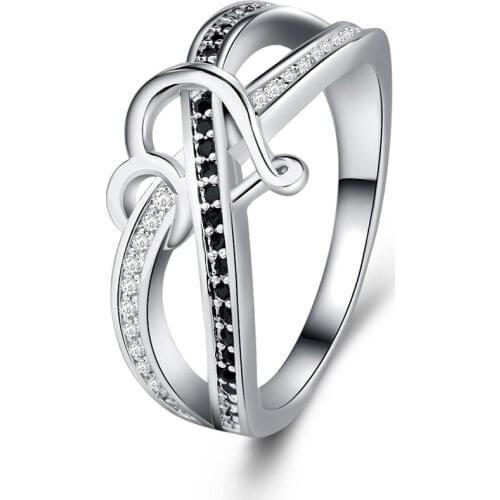 White Gold Black Zircon Wedding Ring for Women Full Drill Heart Shape Micro-inlaid Simulation Ring Jewelry Engagement Rings