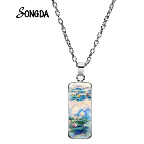 Retro Water Lily Statement Necklace Lotus Pond Painting Art Print Glass Cabochon Necklaces Rectangular Pendants Handmade Jewelry