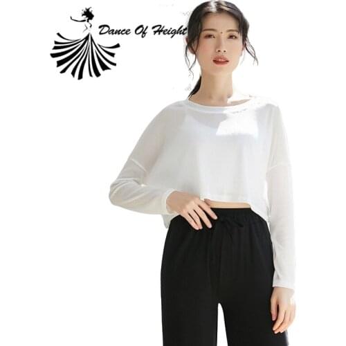 Cheapest Loose Modern Dance Blouse Women Bare Navel Cropped Tops Round Neck Long Sleeve Shirt Solid Dance Practice Wear One Size